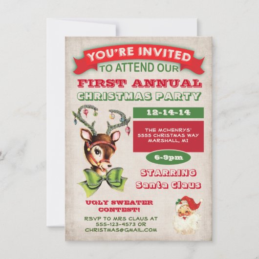 Rendier Retro Kerstfeest Uitnodiging (Voorkant)