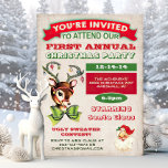 Rendier  Retro Kerstfeest Uitnodiging<br><div class="desc">Rendier Christmas Party Invitation Vintage Poster Kerst Vakantie Party Super leuk Vakantie feest met een super schattig rendier allemaal gekleed voor de feestdagen en een kerstman heet u welkom op het Vakantie feest, tegen een antiek achtergrond. Beschikt over een lelijke trui wedstrijd en leuke typografie. Ga naar Deze sjabloon personaliseren...</div>