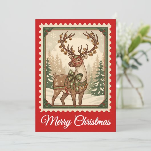 rendier | Retro Postzegel Kerst Kaart (Staand voorkant)