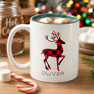 Rendier Rood Buffalo Plaid Persoonlijke Kerstmis Tweekleurige Koffiemok