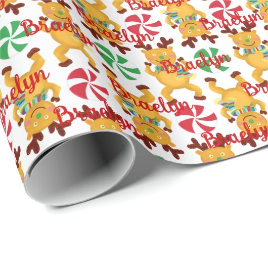 Rendier Rood en Groen Snoep Gepersonaliseerde Naam Cadeaupapier (Rol Hoek)