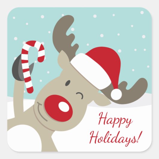 Rendier Rudolph de rode neus in Santa hoed Vierkante Sticker (Voorkant)