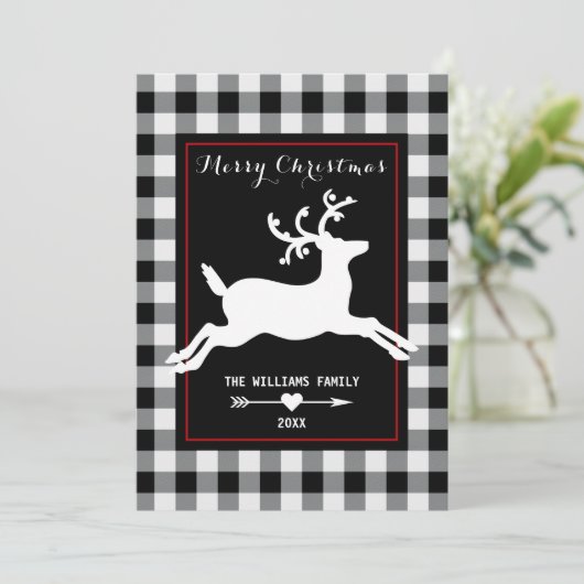 Rendier Rustic Zwart Witte Buffalo Geruit Feestdagenkaart (Staand voorkant)