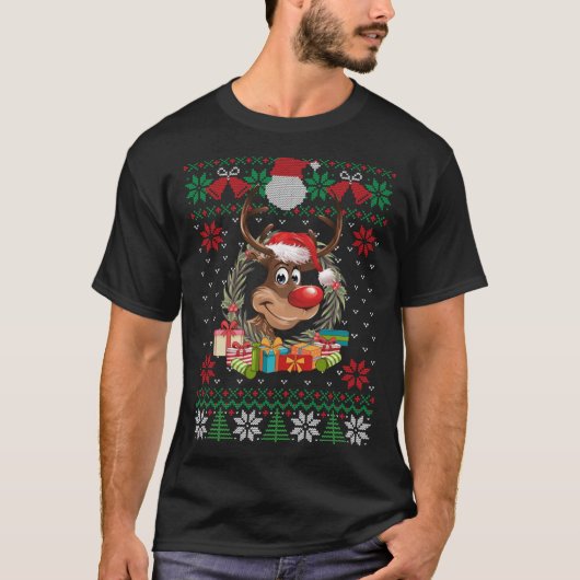 Rendier Santa Hoed Lelijke Kersttrui Funny XM T-shirt (Voorkant)