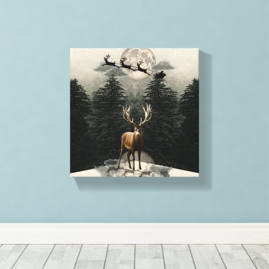 Rendier & Santa Sleigh Christmas Canvas Muurkunst Afdruk (Insitu (Houten vloer))