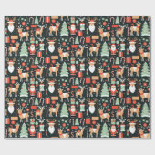 Rendier Santa Tree Patroon Kerstmis Zwart Cadeaupapier (Vlak)