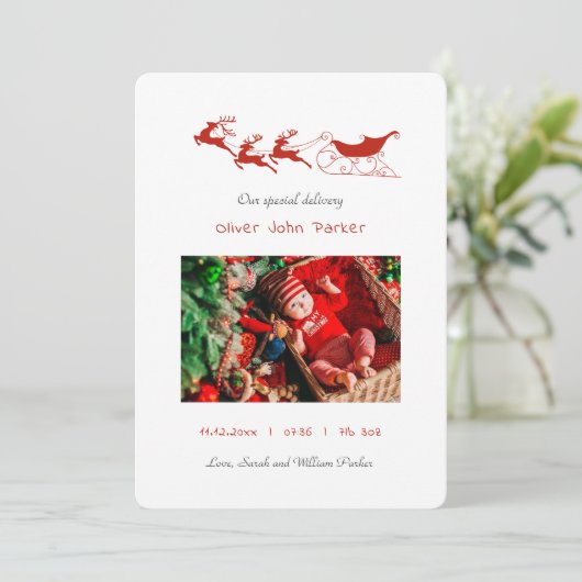 Rendier & Sleigh Kerstmis Geboorteaankondiging Aankondiging (Staand voorkant)
