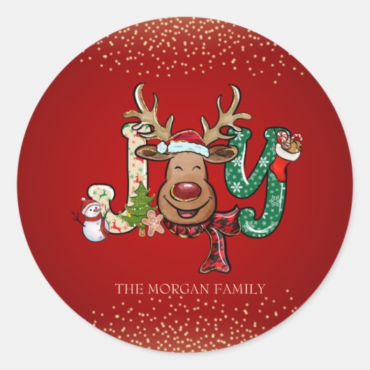 Rendier,Sneeuwman,Confetti Rode Kerstmis Ronde Sticker (Voorkant)