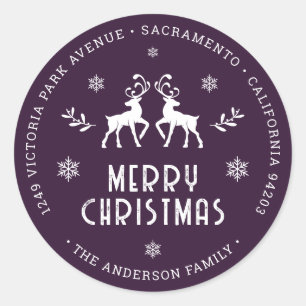 Rendier Sneeuwvlok Paars Kerst Retouradres Ronde Sticker