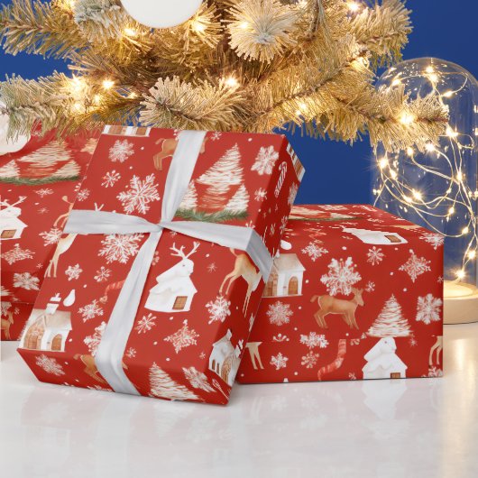 Rendier Sneeuwvlokken Land Rood Kerstmis Cadeaupapier (Feestdagen)