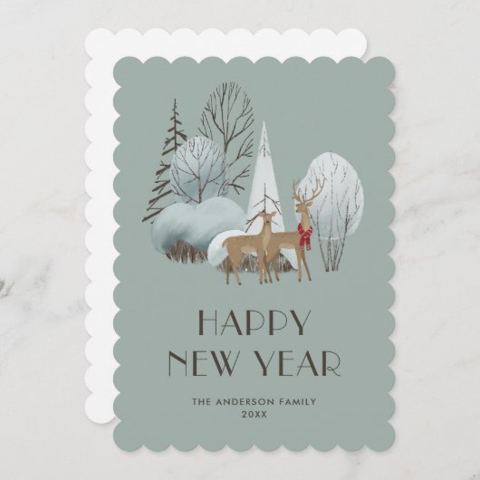 Rendier Snowy Forest Happy New Year Kaart (Voorkant / Achterkant)