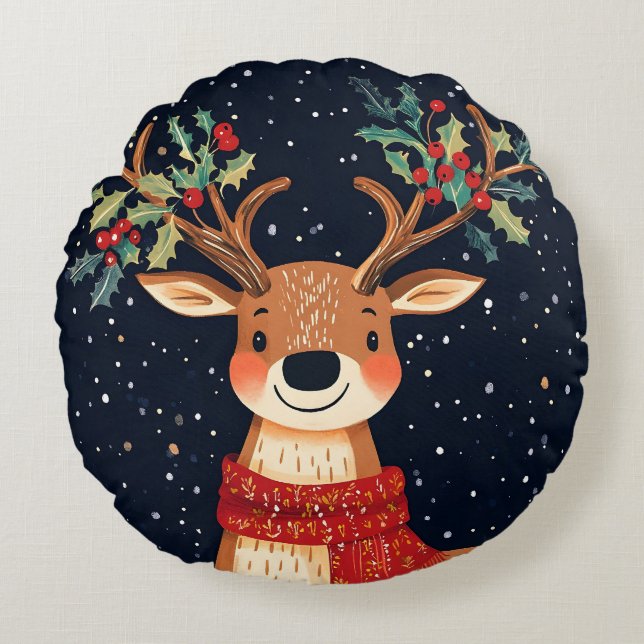 Rendier Starry Christmas Twinkle Night Rond Kussen (Voorkant)