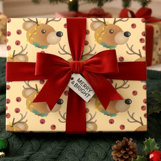 Rendier Teddybeer Met Lichtjes Beige Kerstmis Cadeaupapier
