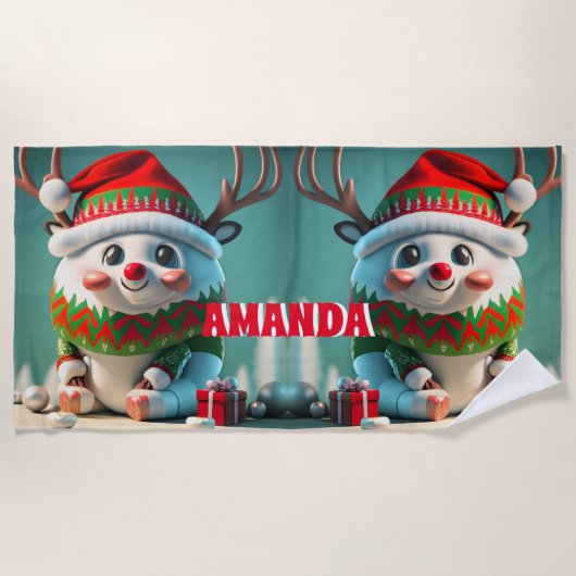 Rendier Vrolijk Kerstfeest Gepersonaliseerde Kinde Strandlaken (Voorkant)