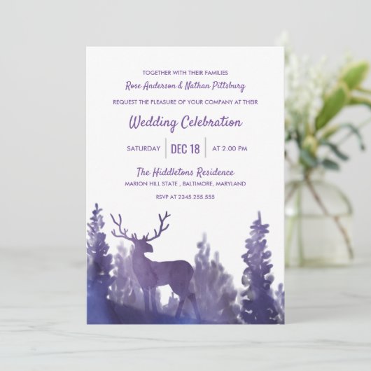 Rendier Waterverf Paarse | Winter bruiloft Kaart (Staand voorkant)