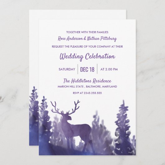 Rendier Waterverf Paarse | Winter bruiloft Kaart (Voorkant / Achterkant)