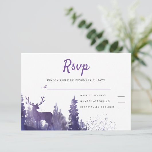 Rendier Waterverf Paarse Winter bruiloft RSVP (Staand voorkant)