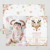 Rendier Winter Gold Snowflakes Verjaardagsfoto Kaart (Voorkant / Achterkant)