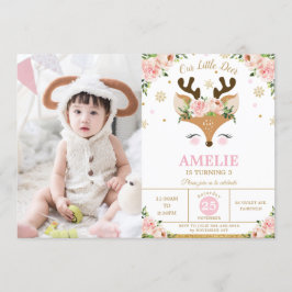 Rendier Winter Gold Snowflakes Verjaardagsfoto Kaart