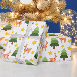 Rendier Wonderland Kerstboom Sterren Wit Cadeaupapier