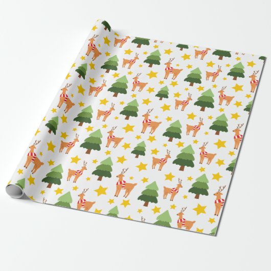 Rendier Wonderland Kerstboom Sterren Wit Cadeaupapier (Uitgerold)