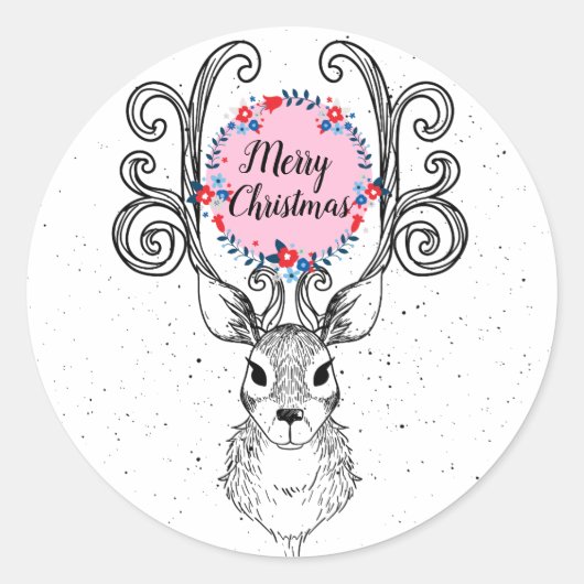 RendierAntlers en Floral Wreath Holiday Ronde Sticker (Voorkant)