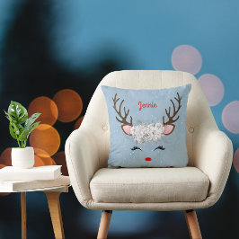 RendierAntlers en Rozen met naam op Sky Blue Kussen