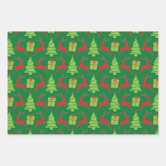 Rendierbomen en kerstbomen in rood en groen 3 inpakpapier vel (Voorkant 3)