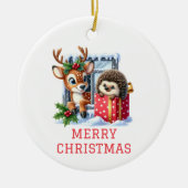 Rendieren en egel Kerstmis Keramisch Ornament (Voorkant)