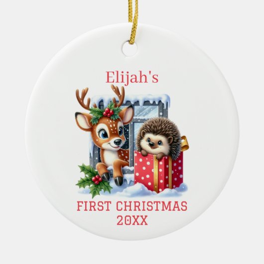 Rendieren en egel Kerstmis Keramisch Ornament (Voorkant)