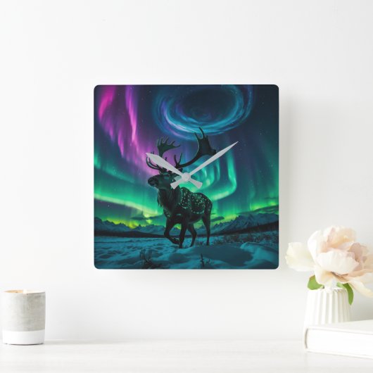 Rendieren en het Noorderlicht Wildlife Design Vierkante Klok (Huis)