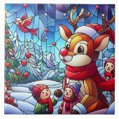 Rendieren en kinderen in winterse vreugde! tegeltje (Voorkant)