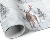 Rendieren en rode kardinaal vogel besneeuwde kerst cadeaupapier (Rol Hoek)