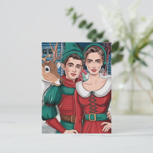 Rendieren en twee elfen briefkaart (Staand voorkant)