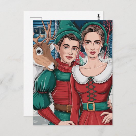 Rendieren en twee elfen briefkaart (Voorkant / Achterkant)