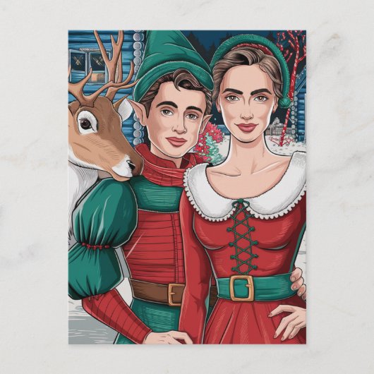 Rendieren en twee elfen briefkaart (Voorkant)