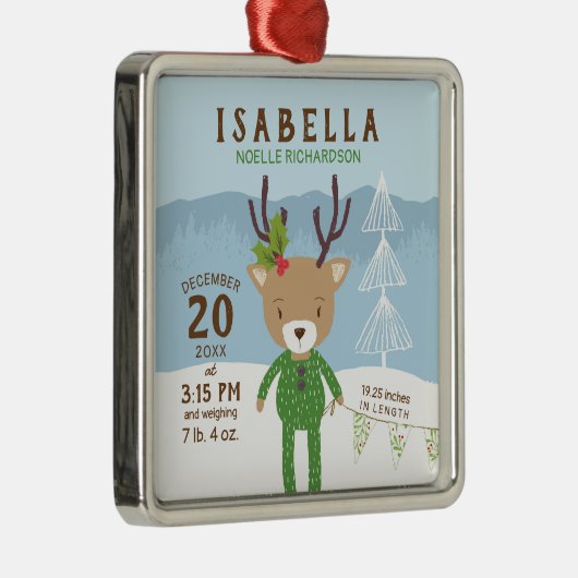 Rendieren Geboorte Stats Baby's 1e Kerstmis Metalen Ornament (Rechts)