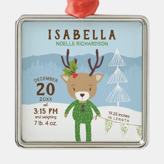 Rendieren Geboorte Stats Baby's 1e Kerstmis Metalen Ornament (Voorkant)