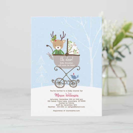Rendieren in de wandelwagen Winter Holiday Baby sh Kaart (Staand voorkant)