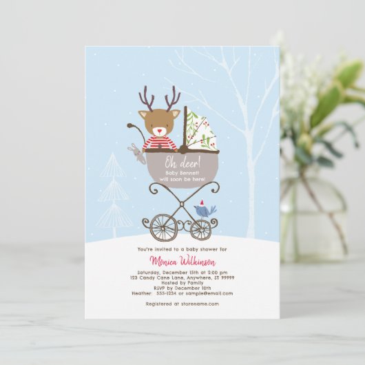 Rendieren in de wandelwagen Winter Holiday Baby sh Kaart (Staand voorkant)