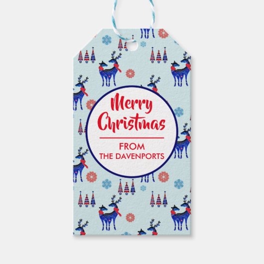 rendieren, kerstbomen en sneeuwvlokken cadeaulabel (Voorkant)