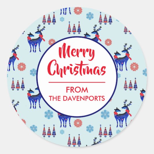 rendieren, kerstbomen en sneeuwvlokken ronde sticker (Voorkant)