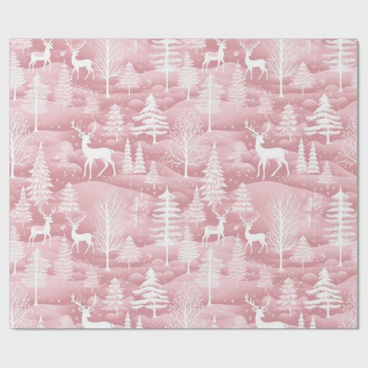 Rendieren Kerstbomen Roze en Witte Kerst Cadeaupapier (Vlak)