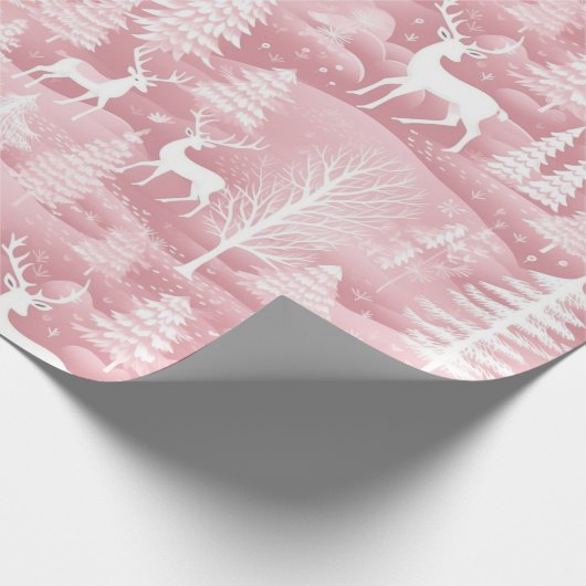 Rendieren Kerstbomen Roze en Witte Kerst Cadeaupapier (Hoek)