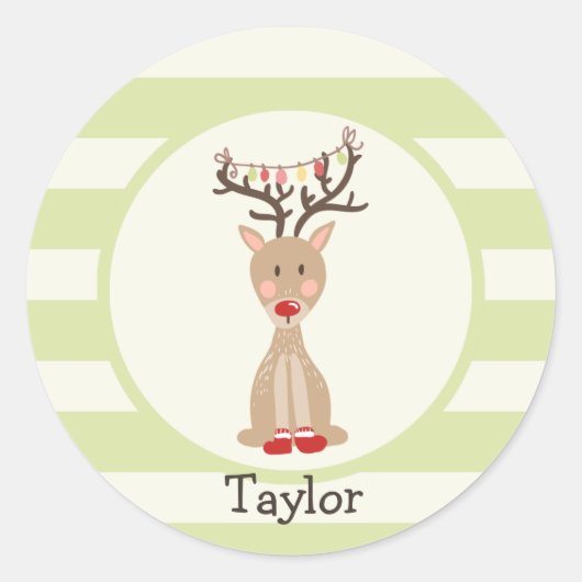 Rendieren met kerstverlichting; Lichtgroen Ronde Sticker (Voorkant)