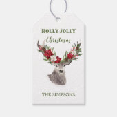 Rendieren, Poinsettia Kerstmis Cadeaulabel (Voorkant)