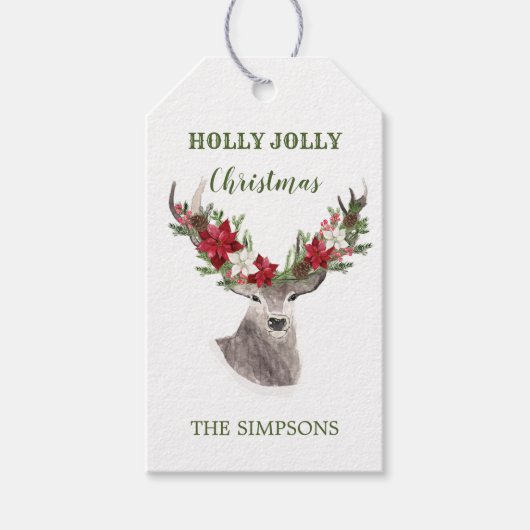 Rendieren, Poinsettia Kerstmis Cadeaulabel (Voorkant)