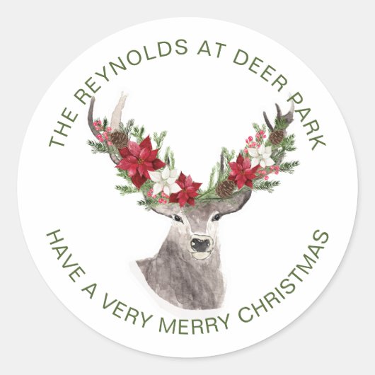 Rendieren, Poinsettia Kerstmis Ronde Sticker (Voorkant)