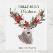 Rendieren, Poinsettia Kerstmis Wijn Etiket (Enkel label)