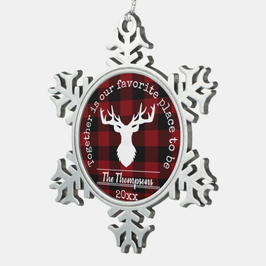 Rendieren Rood en Zwarte Buffel Plaid Tin Sneeuwvlok Ornament (Rechts)